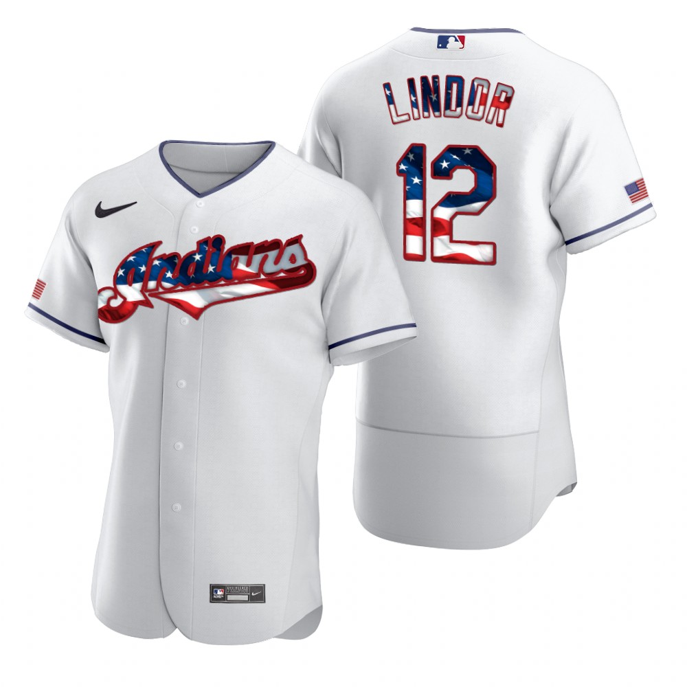 Cleveland Indians #12 Francisco Lindor Men Nike White Fluttering USA Flag Limited Edition Authentic MLB Jersey->cleveland indians->MLB Jersey